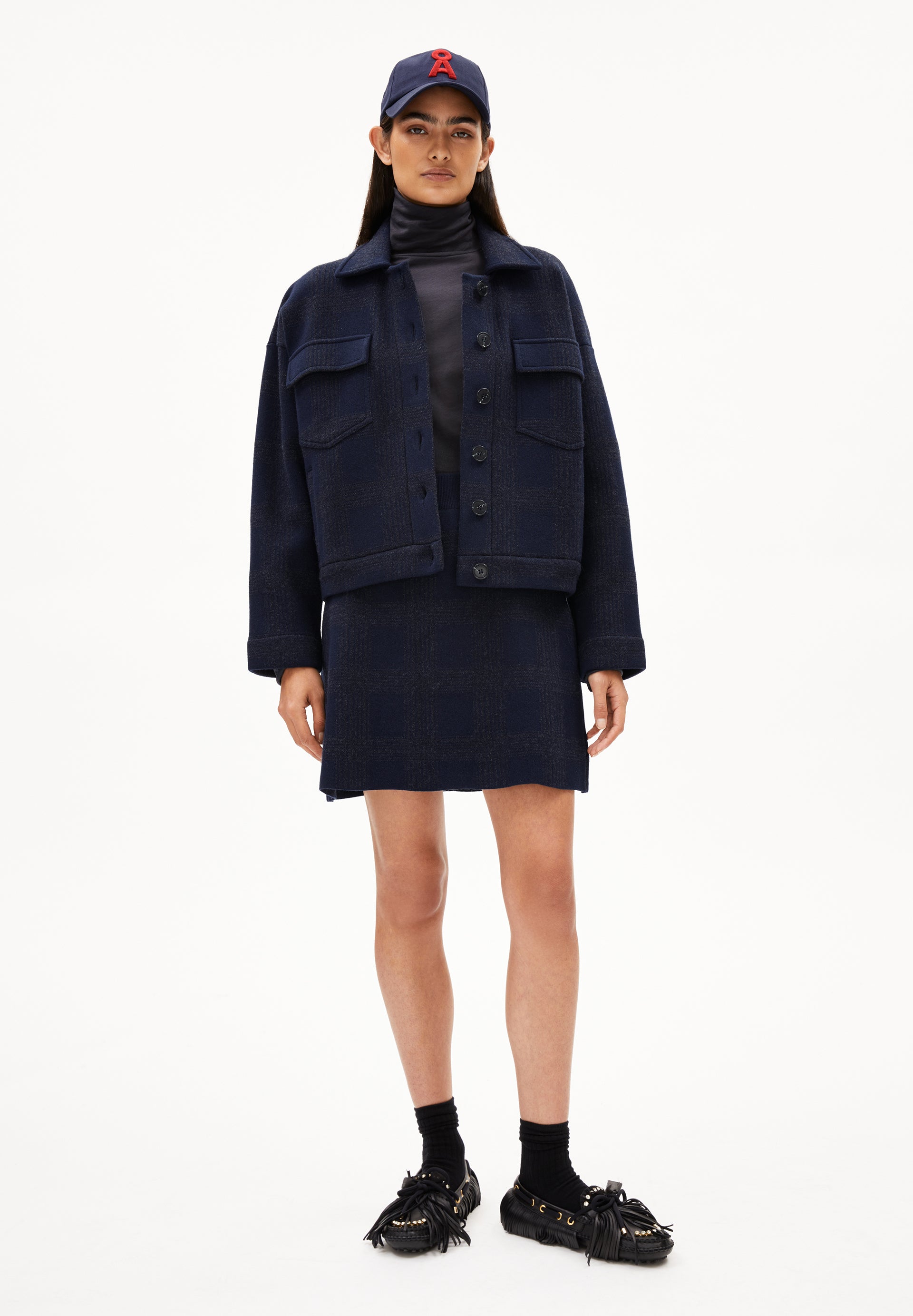 Karo-Strickrock Darlaa Check mit passender Strickjacke im Set kombinierbar und in A-Linie