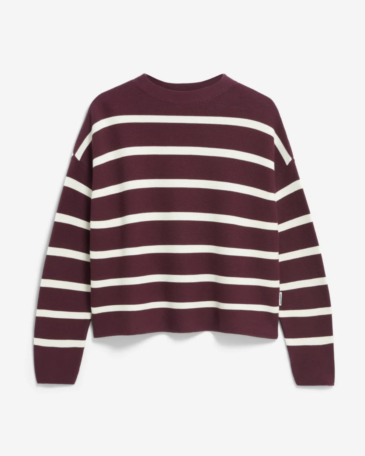 Der Klassiker von Armedangels: Strickpullover Merinaa Stripes aus Bio-Baumwolle in Dark Cranberry-Oatmilk