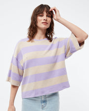 GIVN Berlin Selma Sweater Blockstreifen – Oversized Strick in Beige und Amethyst, nachhaltig produziert
