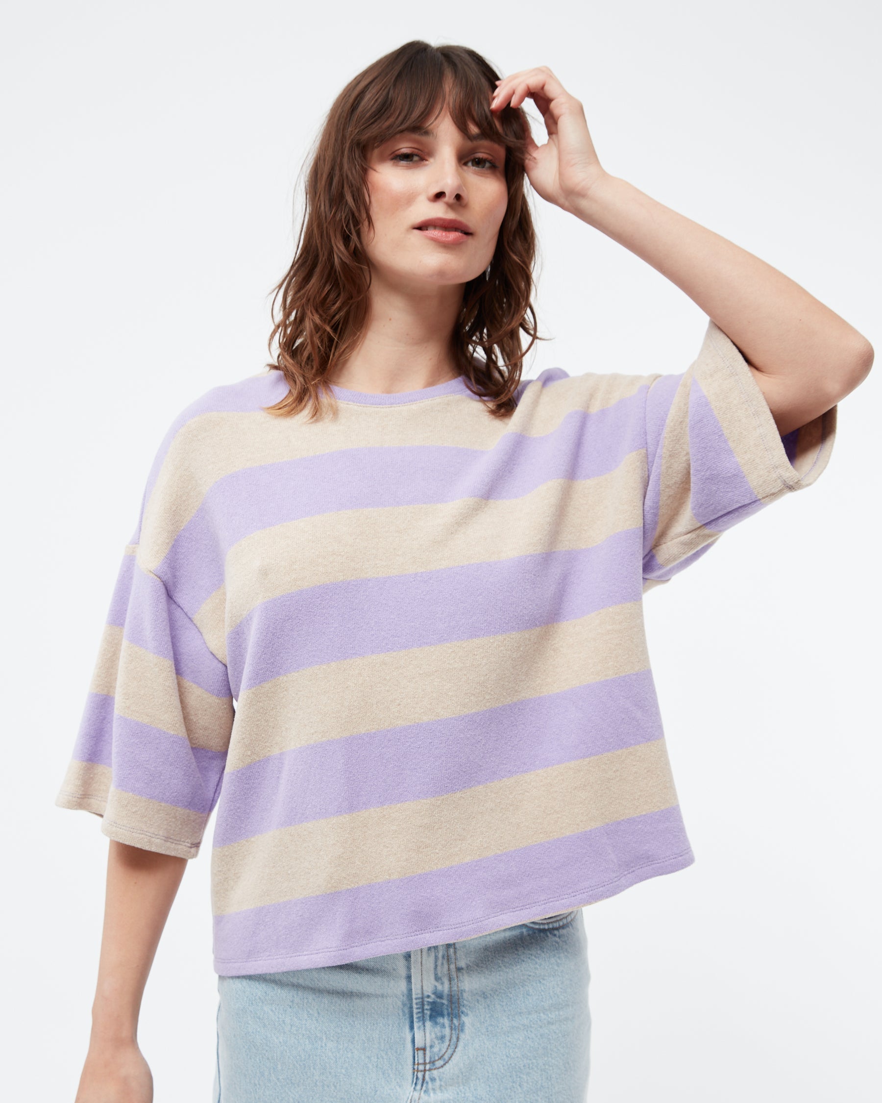 GIVN Berlin Selma Sweater Blockstreifen – Oversized Strick in Beige und Amethyst, nachhaltig produziert